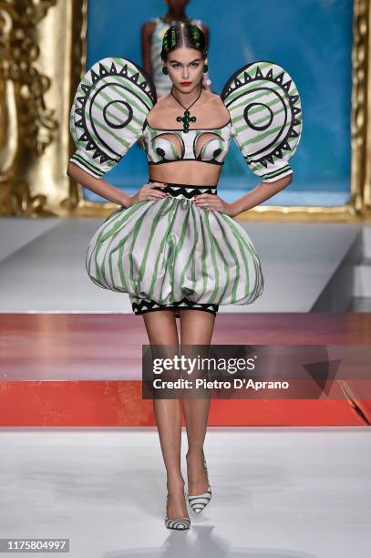 Kaia Gerber walks the runway at the Moschino show during the Milan Fashion Week Spring/Summer 2020 on September 19, 2019 in Milan, Italy.