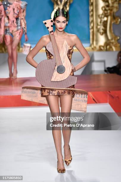 Kaia Gerber walks the runway at the Moschino show during the Milan Fashion Week Spring/Summer 2020 on September 19, 2019 in Milan, Italy.