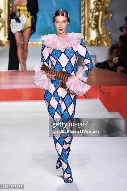 Bella Hadid walks the runway at the Moschino show during the Milan Fashion Week Spring/Summer 2020 on September 19, 2019 in Milan, Italy.