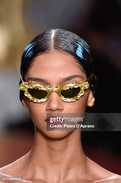 Aiden Curtiss, fashion detail, walks the runway at the Moschino show during the Milan Fashion Week Spring/Summer 2020 on September 19, 2019 in Milan,...