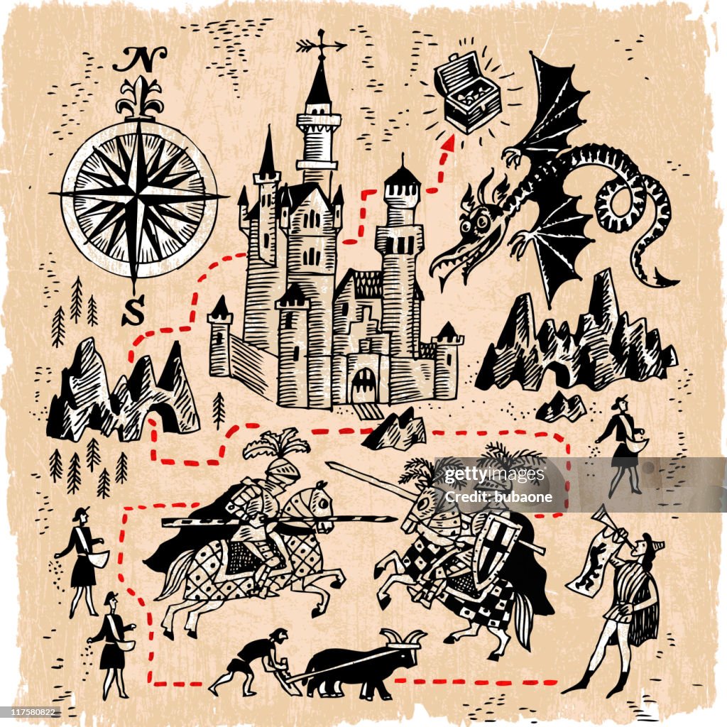 Mittelalterliche Königreich-Karte mit Ritter und Schlösser und Drachen