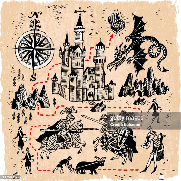 illustrations, cliparts, dessins animés et icônes de carte avec les chevaliers médiévaux-uni, des châteaux et dragons - moyen âge