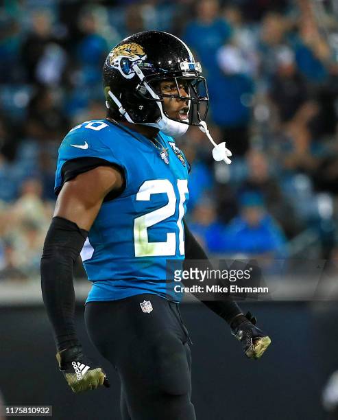 Jalen Ramsey of the Jacksonville Jaguars reacts to a play during a game against the Tennessee Titans at TIAA Bank Field on September 19, 2019 in...