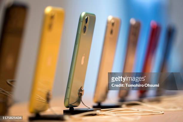 Apple Inc.'s iPhone 11, iPhone11 Pro and iPhone 11 Pro Max smartphones are displayed in the Apple Marunouchi store on September 20, 2019 in Tokyo,...
