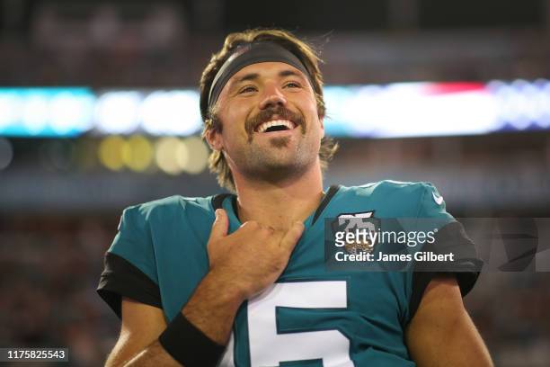 Gardner Minshew of the Jacksonville Jaguars looks on before the start of a game against the Tennessee Titans at TIAA Bank Field on September 19, 2019...