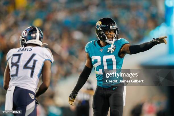 Jalen Ramsey of the Jacksonville Jaguars defends against Corey Davis of the Tennessee Titans during the third quarter of a game at TIAA Bank Field on...