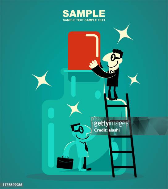 one man in suit drawing or pulling out the cork to free another businessman from a glass bottle - modern slavery stock illustrations