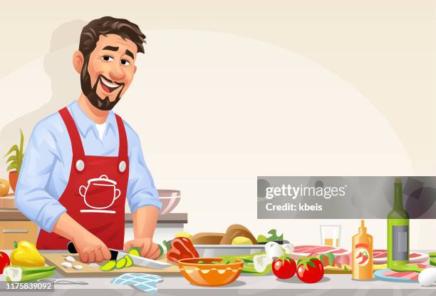 ilustraciones, imágenes clip art, dibujos animados e iconos de stock de hombre en la cocina preparando comida - chef