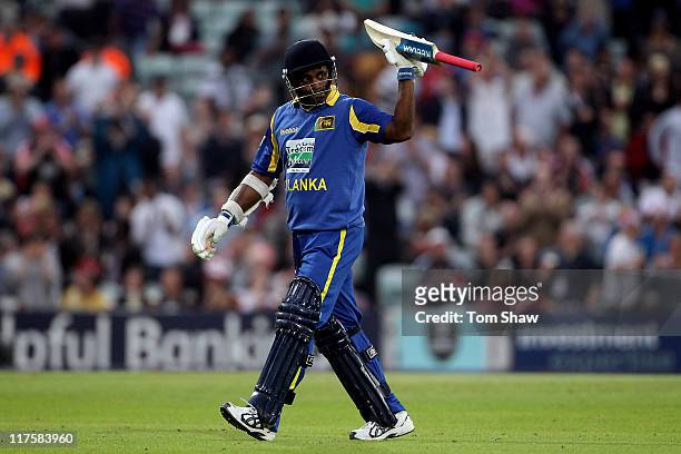 Sanath Jayasuriya of Sri Lanka leaves the pitch as he is dismissed during the first Natwest One Day International between England and Sri Lanka at...
