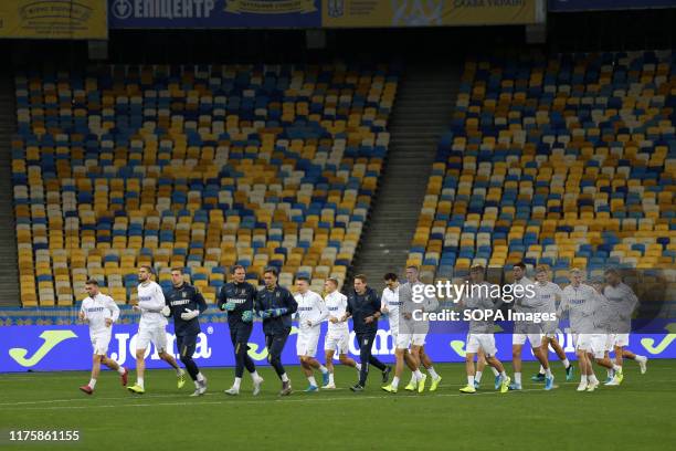 Ukraine national football team players are seen during a training session at the Olimpiyskiy stadium in Kiev. Portugal and Ukrainian national teams...
