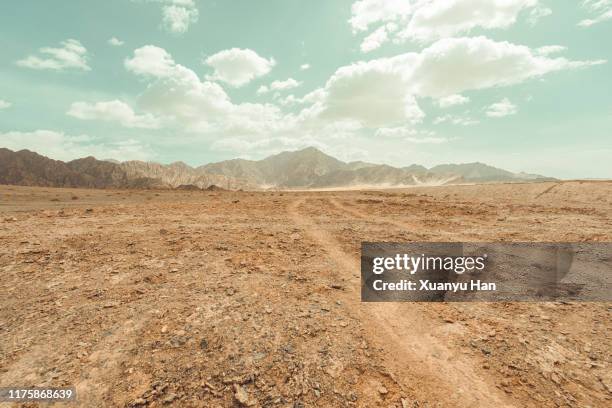 tire tracks through the arid desert - arid stock pictures, royalty-free photos & images