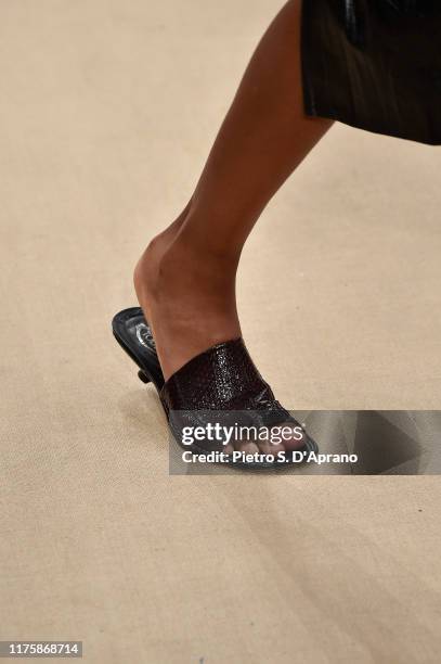 Model, shoe detail, walks the runway at the Tod's show during the Milan Fashion Week Spring/Summer 2020 on September 20, 2019 in Milan, Italy.