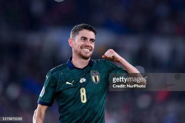 Jorginho of Italy celebrates scoring first goal during the European Qualifier Group J match between Italy and Greece at at Stadio Olimpico, Rome,...