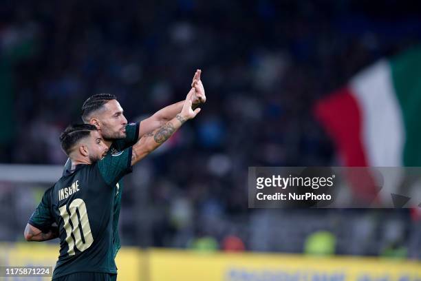 Danilo DAmbrosio of Italy and Lorenzo Insigne of Italy celebrate the victory during the European Qualifier Group J match between Italy and Greece at...