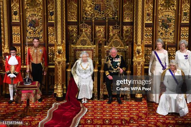 Queen Elizabeth II, Prince Charles, Prince of Wales and Camilla, Duchess of Cornwall during the State Opening of Parliament at the Palace of...