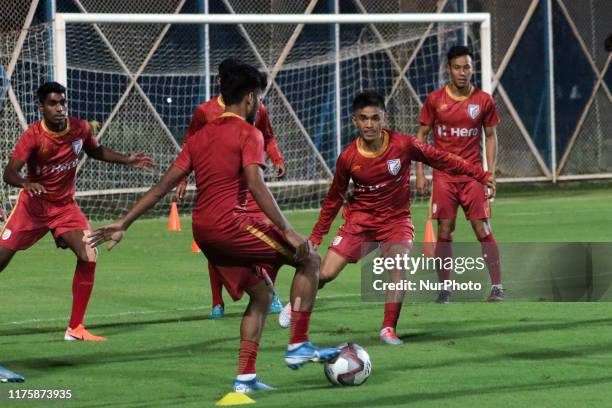 Indian National football team Captain Sunil Chhetri with a team at the practices session for the FIFA WORLD CUP 2022 Qualifier match against...