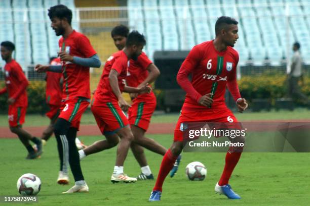 Bangladesh's National football team captain Jamal Bhuyan with a team at the practices session for the FIFA WORLD CUP 2022 Qualifier match against...