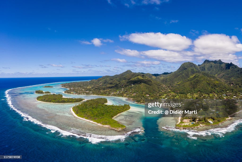 Stunning aerial view of the Muri beach and lagoon, in Rarotonga in the Cook island.