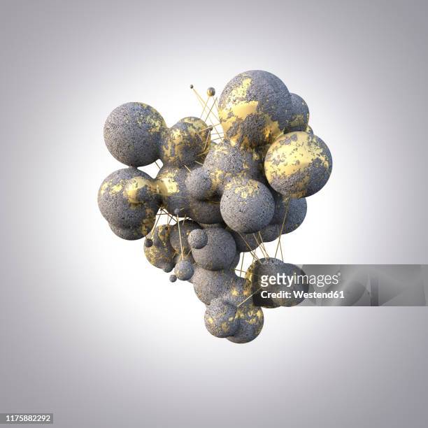 rendering of concrete spheres with gold veins - gold edelmetall stock-grafiken, -clipart, -cartoons und -symbole