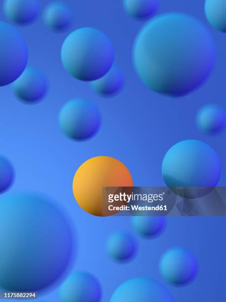 rendering of yellow sphere amidst blue spheres - sports ball stock illustrations