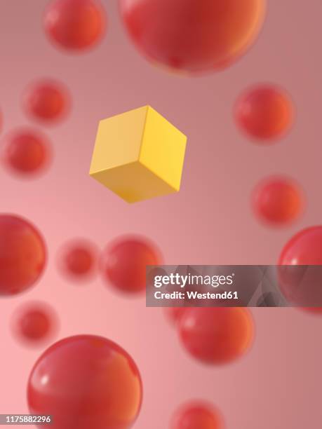 ilustraciones, imágenes clip art, dibujos animados e iconos de stock de rendering of yellow cube amidst red spheres - hovering