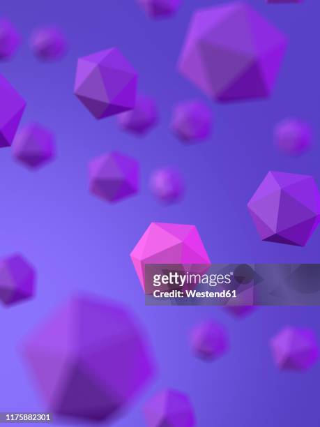 rendering of pink platonic solid amidst purple platonic solids - magenta stock-grafiken, -clipart, -cartoons und -symbole