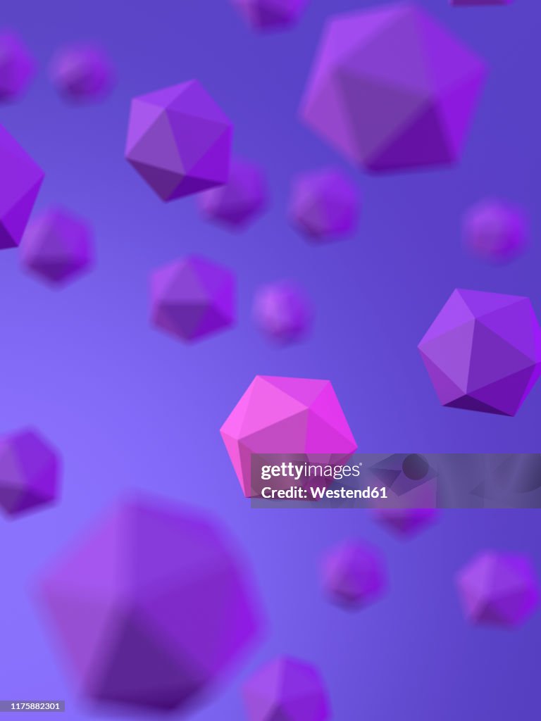 Rendering of pink Platonic solid amidst purple Platonic solids