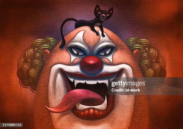 scary clown with black cat - scary circus cartoon stock illustrations