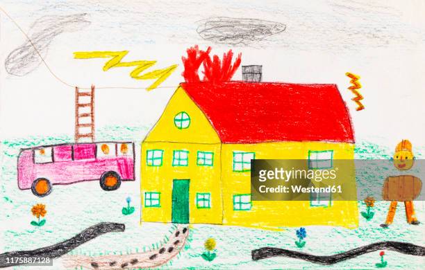 child's drawing of a fire brigade operation - fire engine stock illustrations