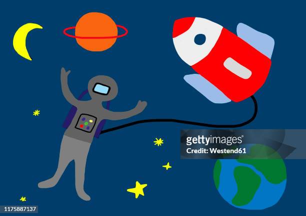 child's drawing of astronaut with rocket in space - austria stock illustrations