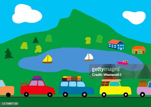 child's drawing of cars in a traffic jam on the way to holidays - roadblock illustration stock illustrations