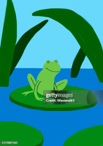 ilustraciones, imágenes clip art, dibujos animados e iconos de stock de child's drawing of frog on lily pad on the water - floating on water
