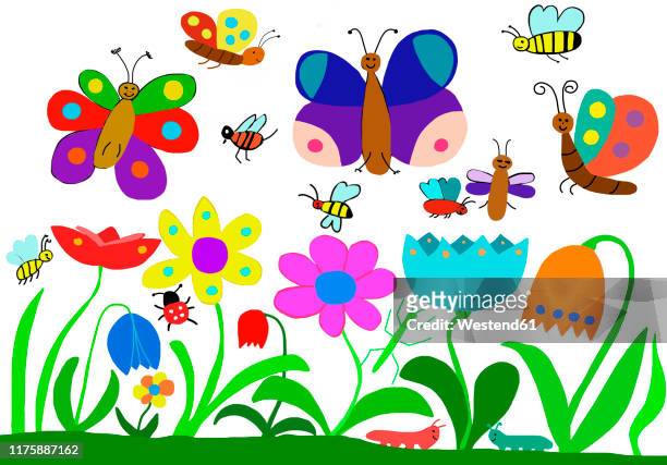 ilustraciones, imágenes clip art, dibujos animados e iconos de stock de child's drawing of insects on flower meadow - mariquita