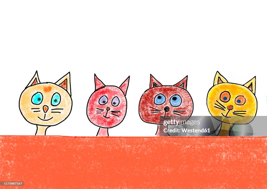 Child's drawing of a four cats
