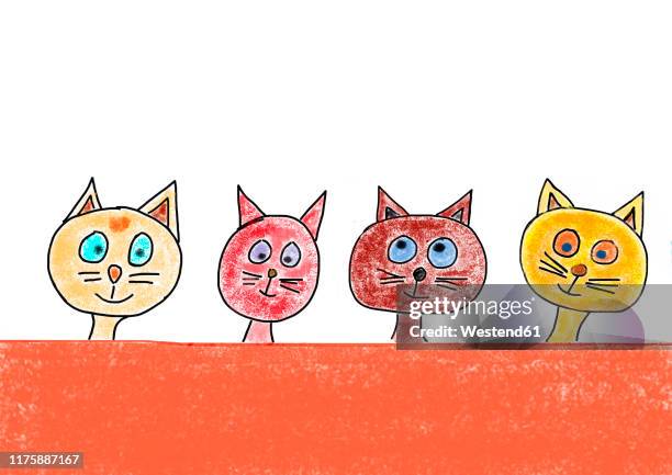 illustrazioni stock, clip art, cartoni animati e icone di tendenza di child's drawing of a four cats - quattro animali