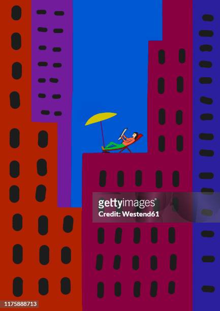 child's drawing of relaxed person on deckchair amidst colorful skyscrapers in the city - wolkenkratzer stock-grafiken, -clipart, -cartoons und -symbole