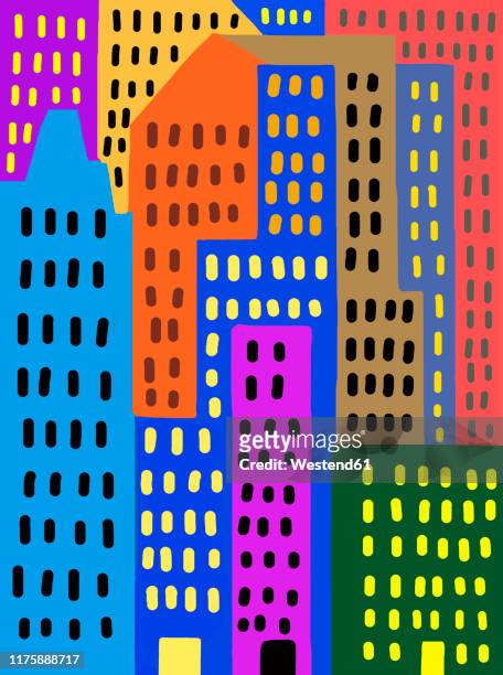 child's drawing of colorful skyscrapers in the city - wolkenkratzer stock-grafiken, -clipart, -cartoons und -symbole
