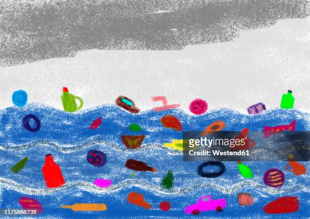stockillustraties, clipart, cartoons en iconen met child's drawing of waste in the sea - careless