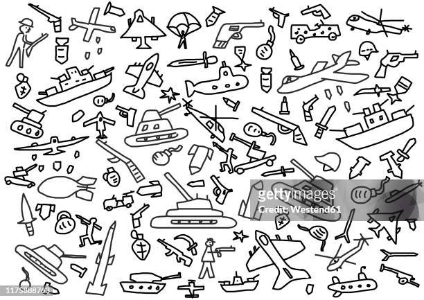 child's drawing of war symbols and weapons - austria stock illustrations