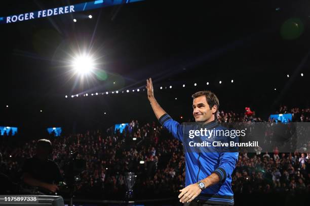 Roger Federer of Team Europe waves to the fans as he is introduced during Day One of the Laver Cup 2019 at Palexpo on September 20, 2019 in Geneva,...