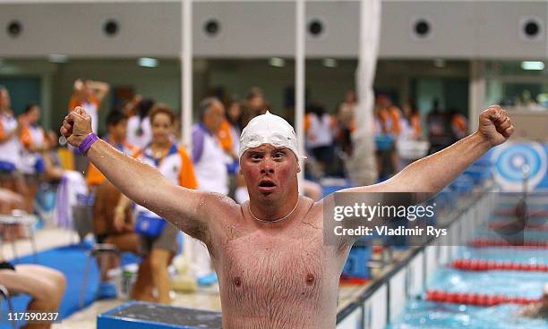 Robert Vesely of Czech Republic reacts after competing in the 100-meters free style during the Athens 2011 Special Olympics World Summer Games on...