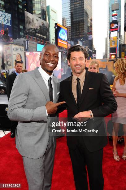 Tyrese Gibson and Patrick Dempsey attend the "Transformers: Dark Of The Moon" premiere in Times Square on June 28, 2011 in New York City.