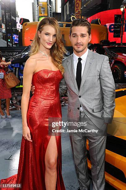 Rosie Huntington-Whiteley and Shia LaBeouf attend the "Transformers: Dark Of The Moon" premiere in Times Square on June 28, 2011 in New York City.