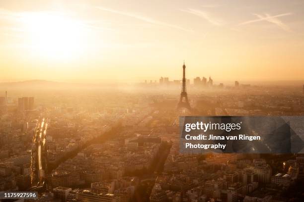 aerial paris skyline sunset at golden hour - paris france skyline stock pictures, royalty-free photos & images