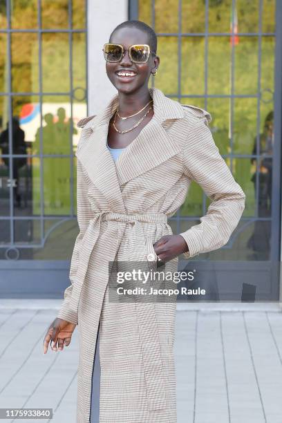 Adut Akech arrives before Versace show during the Milan Fashion Week Spring/Summer 2020 on September 20, 2019 in Milan, Italy.