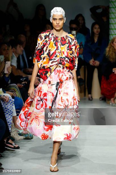 Model walks the runway at the Marni show during the Milan Fashion Week Spring/Summer 2020 on September 20, 2019 in Milan, Italy.