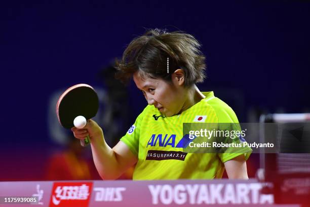 Miu Hirano of Japan competes against Ding Ning of China during Women's Singles quarter-finals match on day six of the ITTF-Asian Table Tennis...