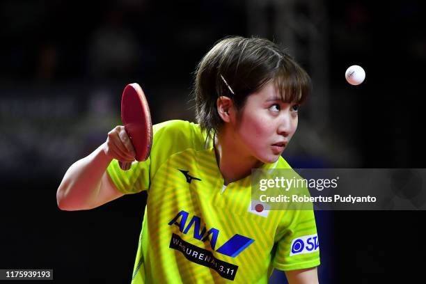 Miu Hirano of Japan competes against Ding Ning of China during Women's Singles quarter-finals match on day six of the ITTF-Asian Table Tennis...