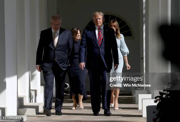 President Donald Trump walks with Australian Prime Minister Scott Morrison to the Oval Office September 20, 2019 in Washington, DC. During their...