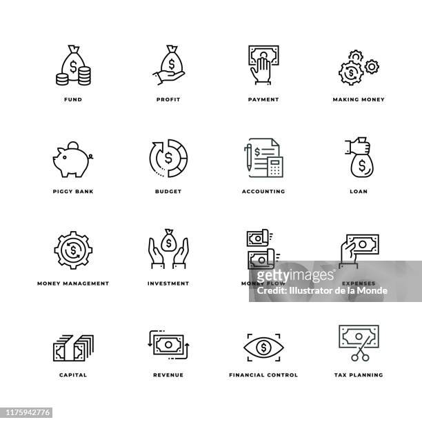 ilustraciones, imágenes clip art, dibujos animados e iconos de stock de conjunto de iconos de línea de finanzas y dinero - cash flow